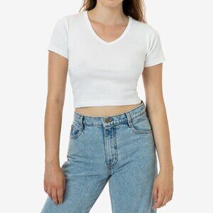 Baby Rib Short Sleeve V-Neck Crop Tee, White